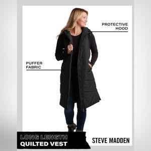 Steve Madden Long Length Winter Puffer Vest with Hood